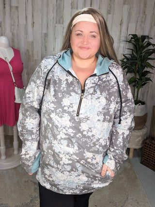 3- Hooded Tops PHC- Dusty Blue & Gray Floral Halfzip plus size clothing