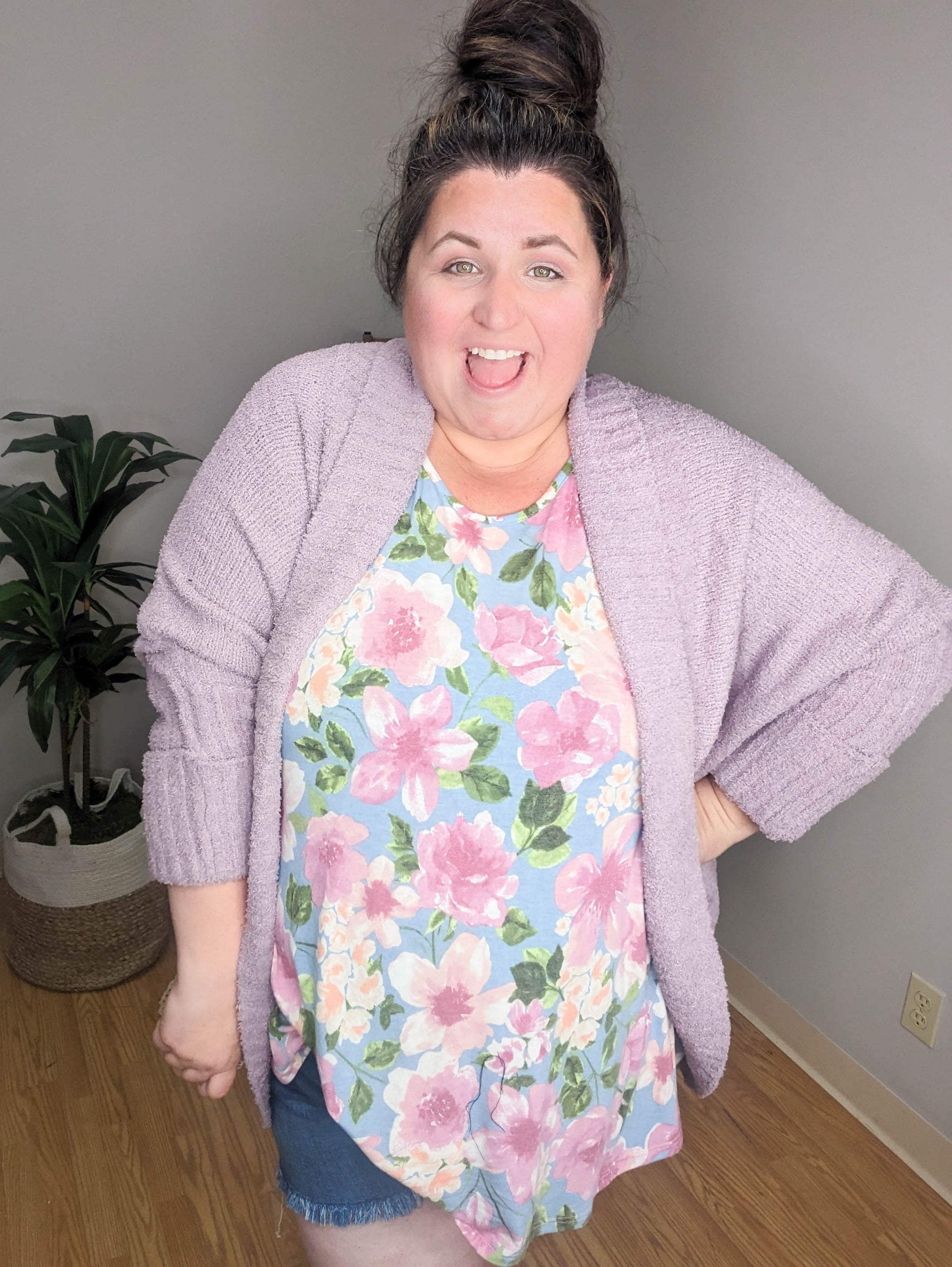 Fluffy Knit Cardigan in Lilac Stacked - A Plus Size Boutique